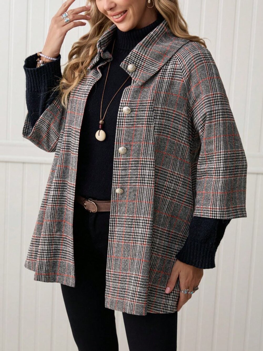 Grey Casual Women's Elegant Plaid Regular Fit Loose Hem Jacket - Picture 3 of 8